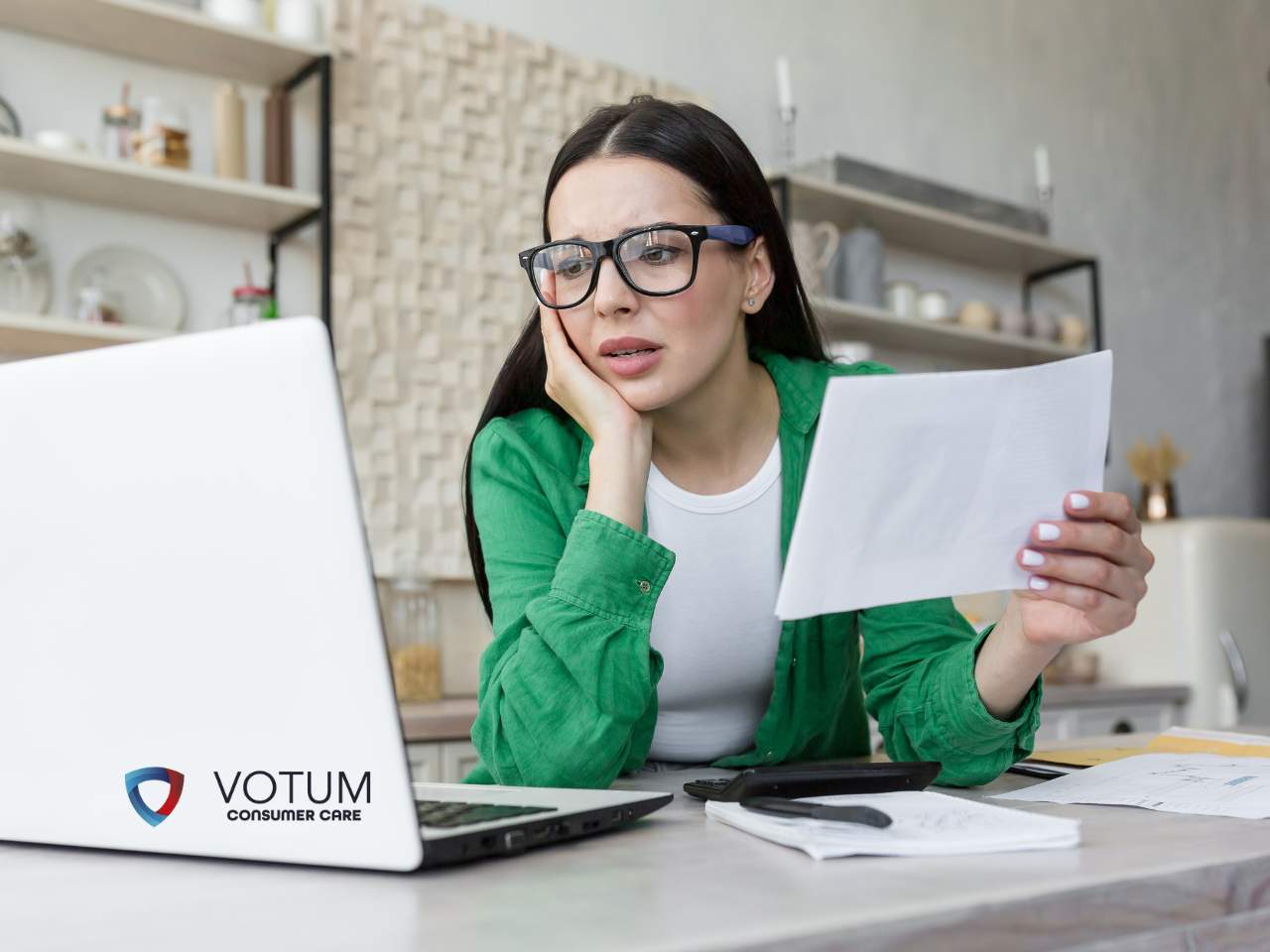 sprawdzanie-skd Młoda kobieta patrzy w ekran laptopa i trzyma dokumenty dotyczące kredytu w ręce. Jest w domowym otoczeniu.