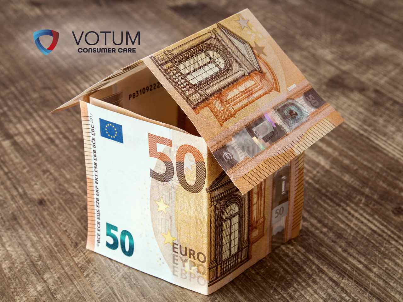 kredyt-w-euro-pomoc-prawnika Model małego domku zbudowany z banknotów o nominale pięćdziesięciu euro stoi na brązowym, drewnianym podłożu.