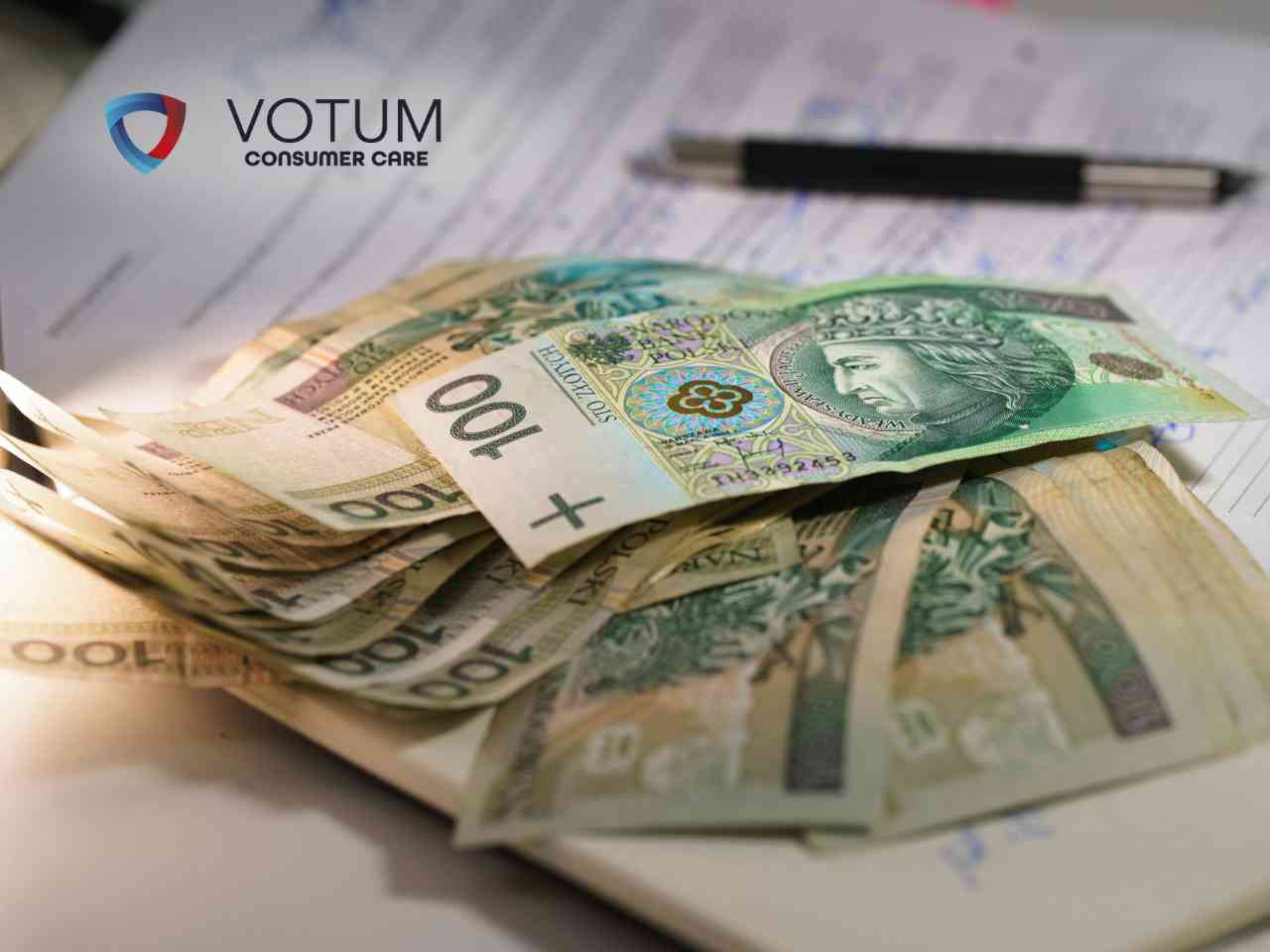 Banknoty o nominałach 100 złotych rozłożone na dokumentach obok długopisu