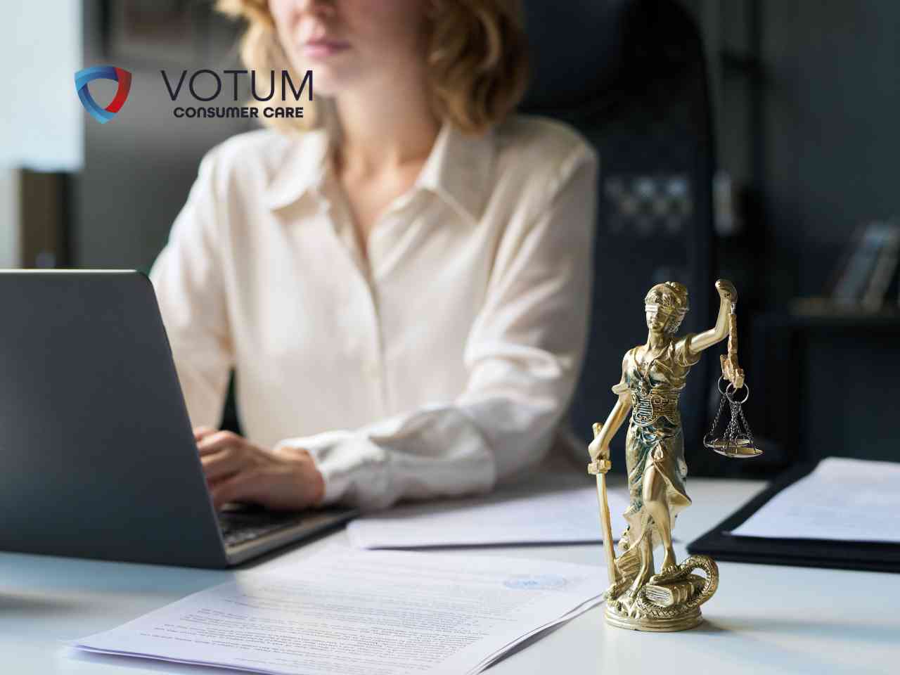 Złota figurka Temidy z wagą na biurku obok prawniczki pracującej przy laptopie.