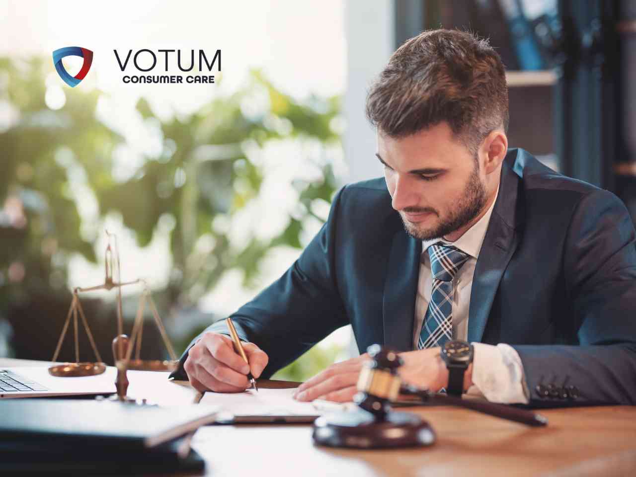 Zbliżenie na prawnika piszącą piórem dokument merytoryczny obok sędziowskiego młotka