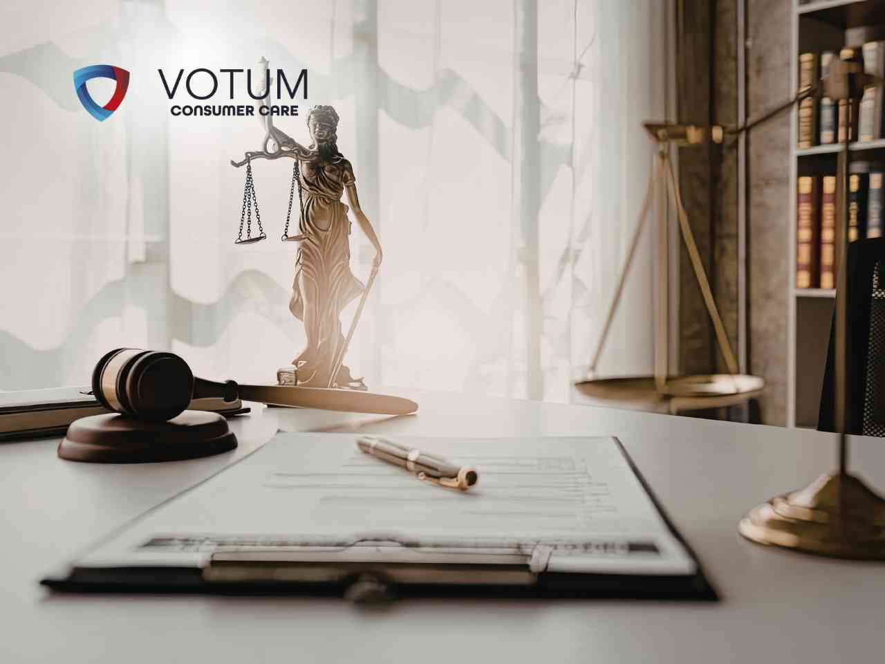 Pióro leżące na aktach prawnych w otoczeniu symboli sprawiedliwości