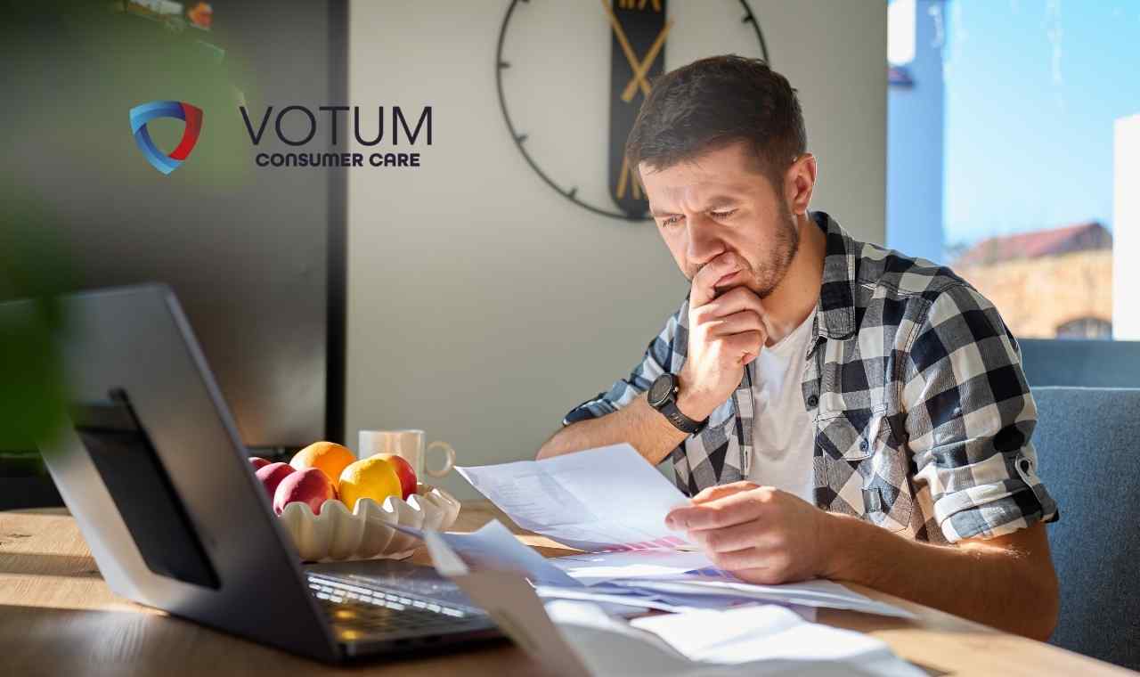 Zamyślony mężczyzna w koszuli w kratę analizuje dokumenty przy biurku, trzymając rękę przy ustach.