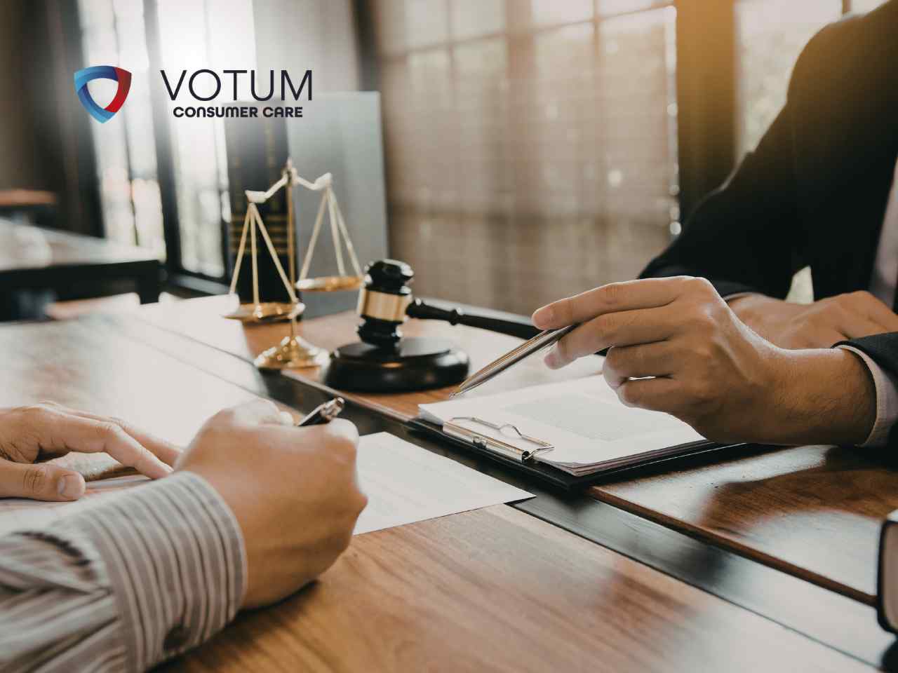 Scena rozmowy przy biurku, na którym stoją atrybuty sędziowskie: mosiężna waga oraz młotek. Dwie osoby w garniturach pracują nad dokumentami; jedna z nich wskazuje długopisem konkretny zapis w tekście.