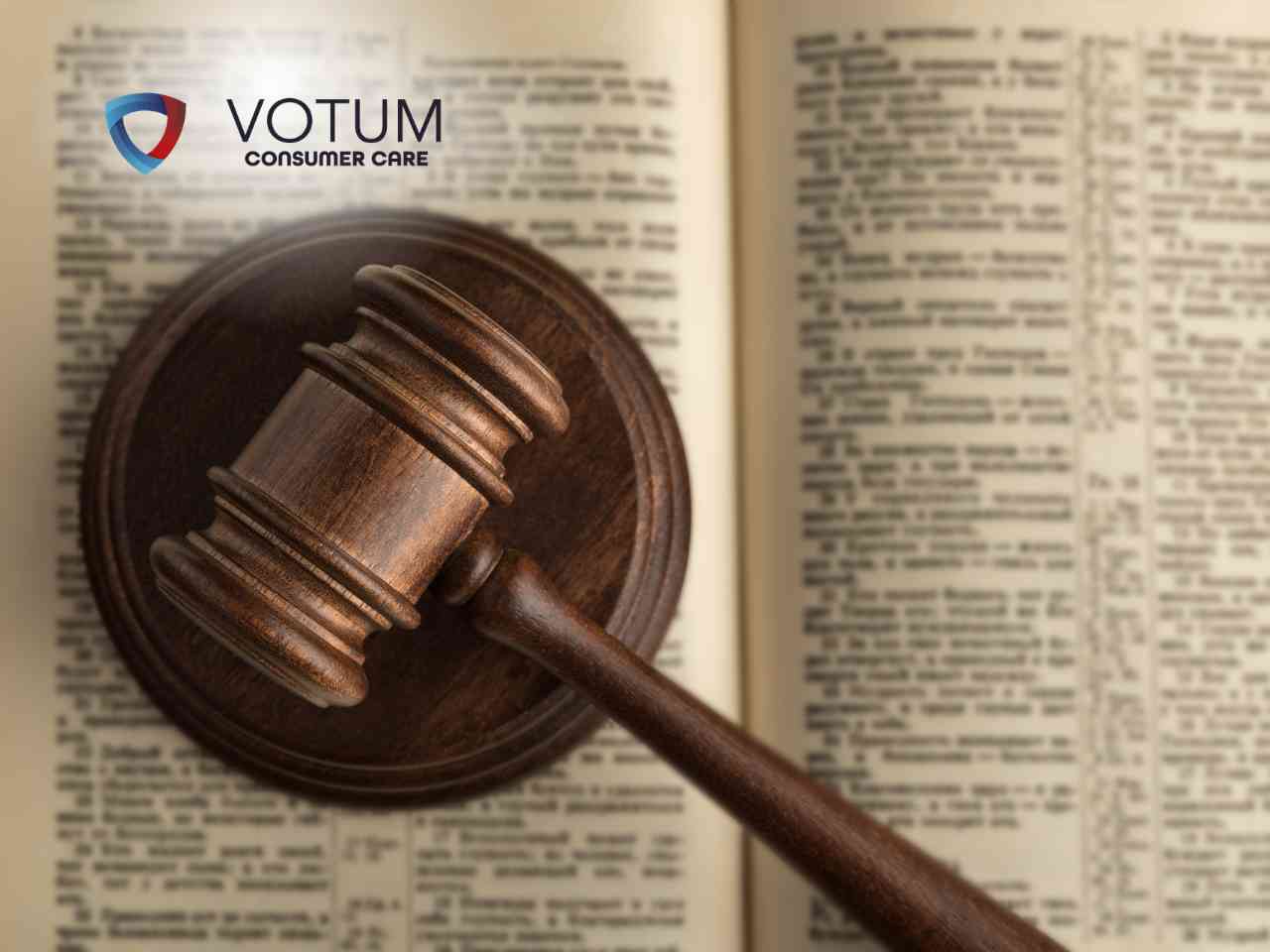 Gavel resting on an open law book with VOTUM Consumer Care logo in the top left corner.