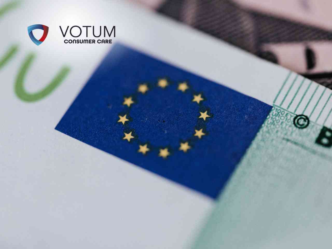 Close-up of a European Union flag on a document, with the VOTUM Consumer Care logo in the top-left corner.