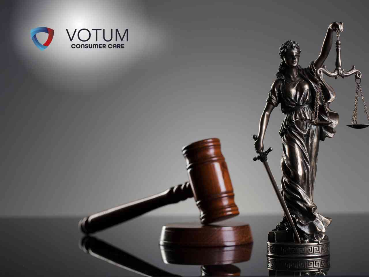 Statue of Lady Justice with scales and sword, a gavel in the foreground, and the VOTUM Consumer Care logo in the top-left.