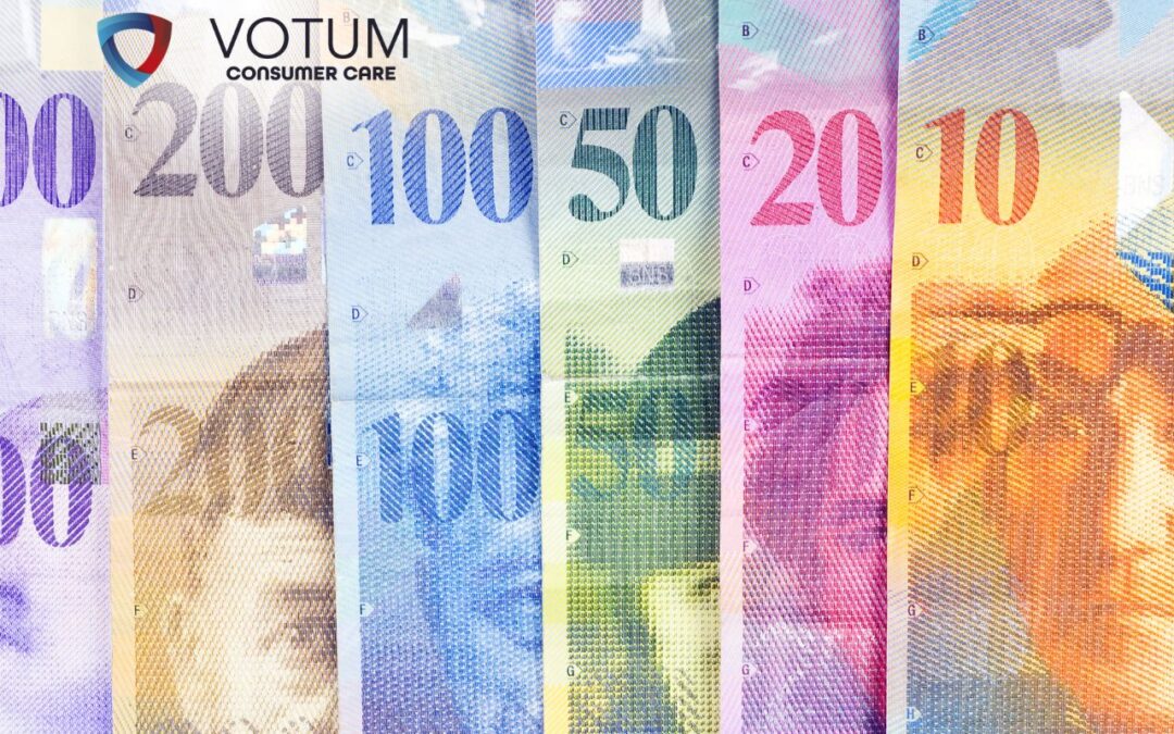 Colorful, overlapping Euro banknotes fanned out with the VOTUM Consumer Care logo in the top left.