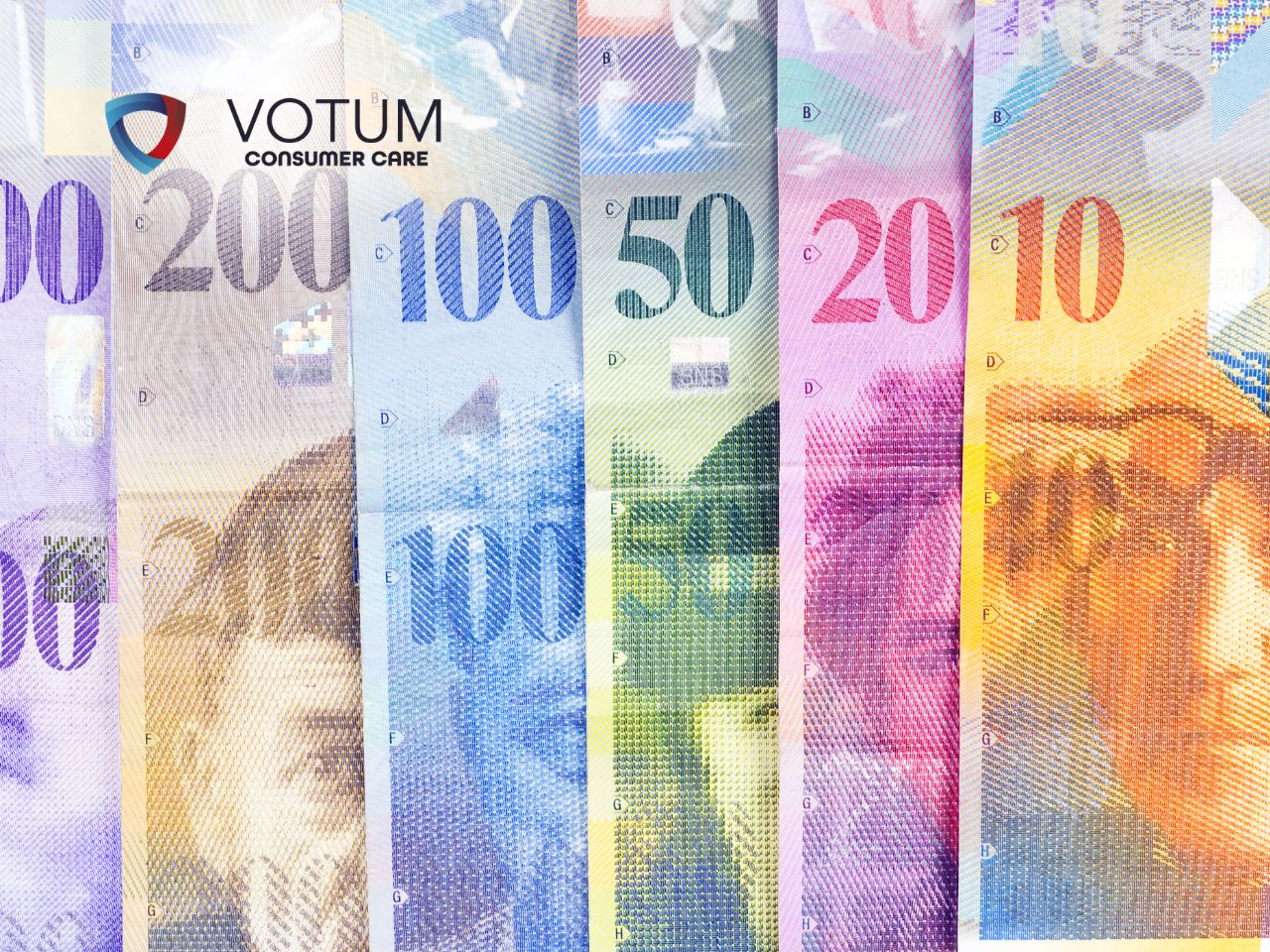 Colorful, overlapping Euro banknotes fanned out with the VOTUM Consumer Care logo in the top left.