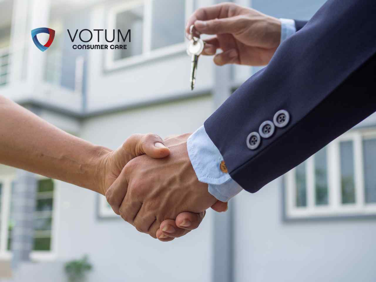 Handshake between two people as one hands over a key in front of a house, with the VOTUM Consumer Care logo in the corner.