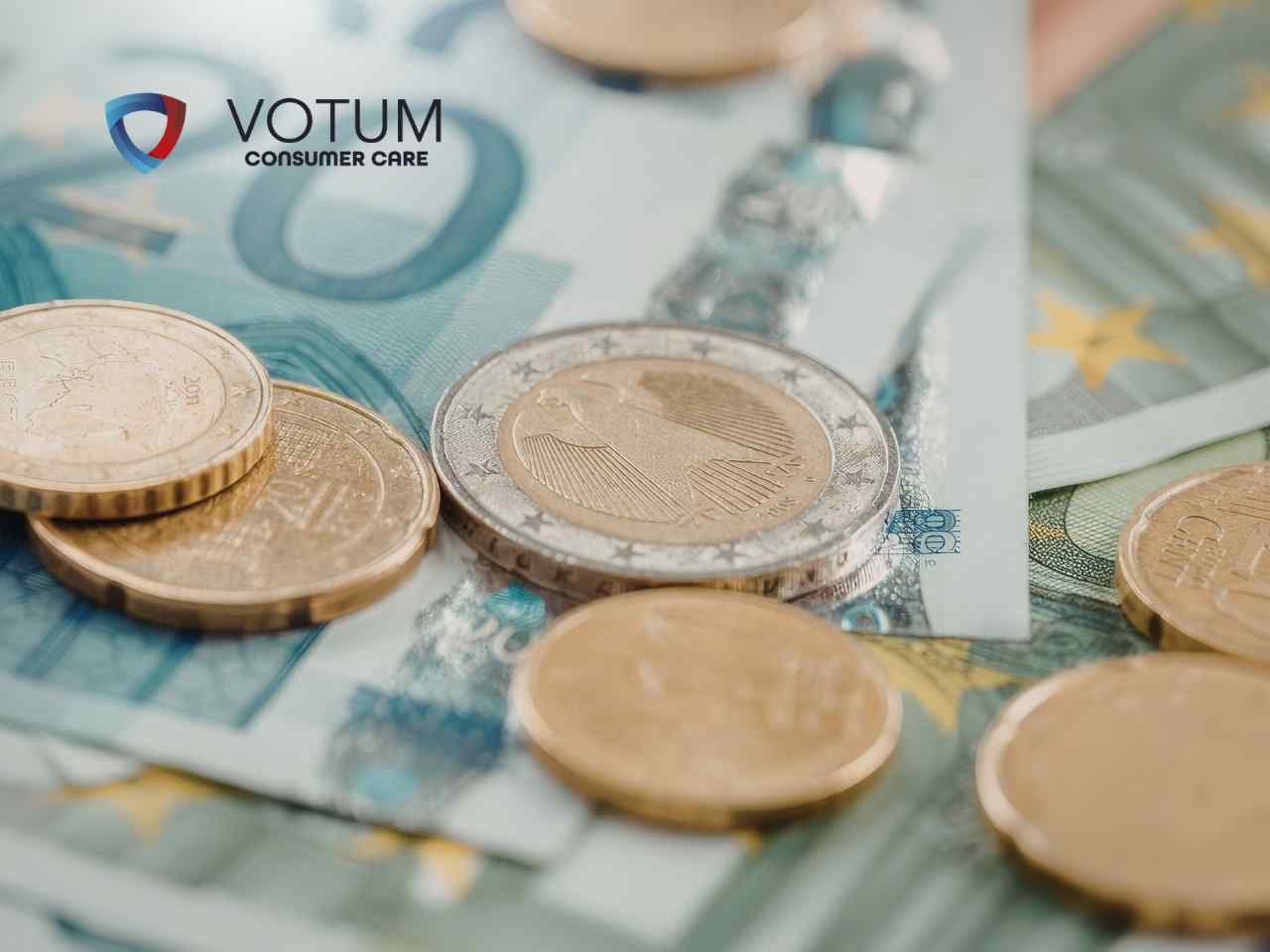 Euro coins and notes with the VOTUM Consumer Care logo in the top-left corner.