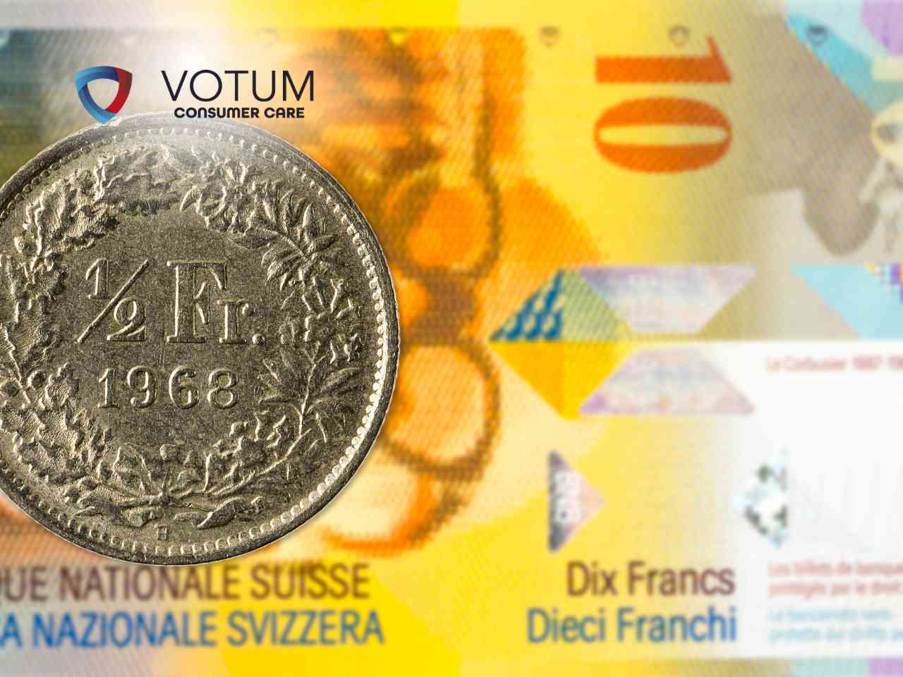 kredyt-frankowy-kontrowersje Close-up of a ½ Fr coin resting on a bright Swiss 10 Fr banknote with the VOTUM Consumer Care logo in the corner