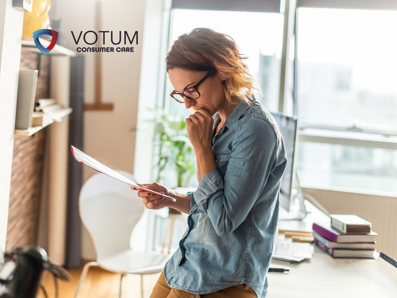bledy-w-umowie-kredytowej-sankcja-darmowego-kredytu Woman in a denim shirt standing at a desk, reading a document with thoughtful pose, in an office with the VOTUM Consumer Care logo on the wall.