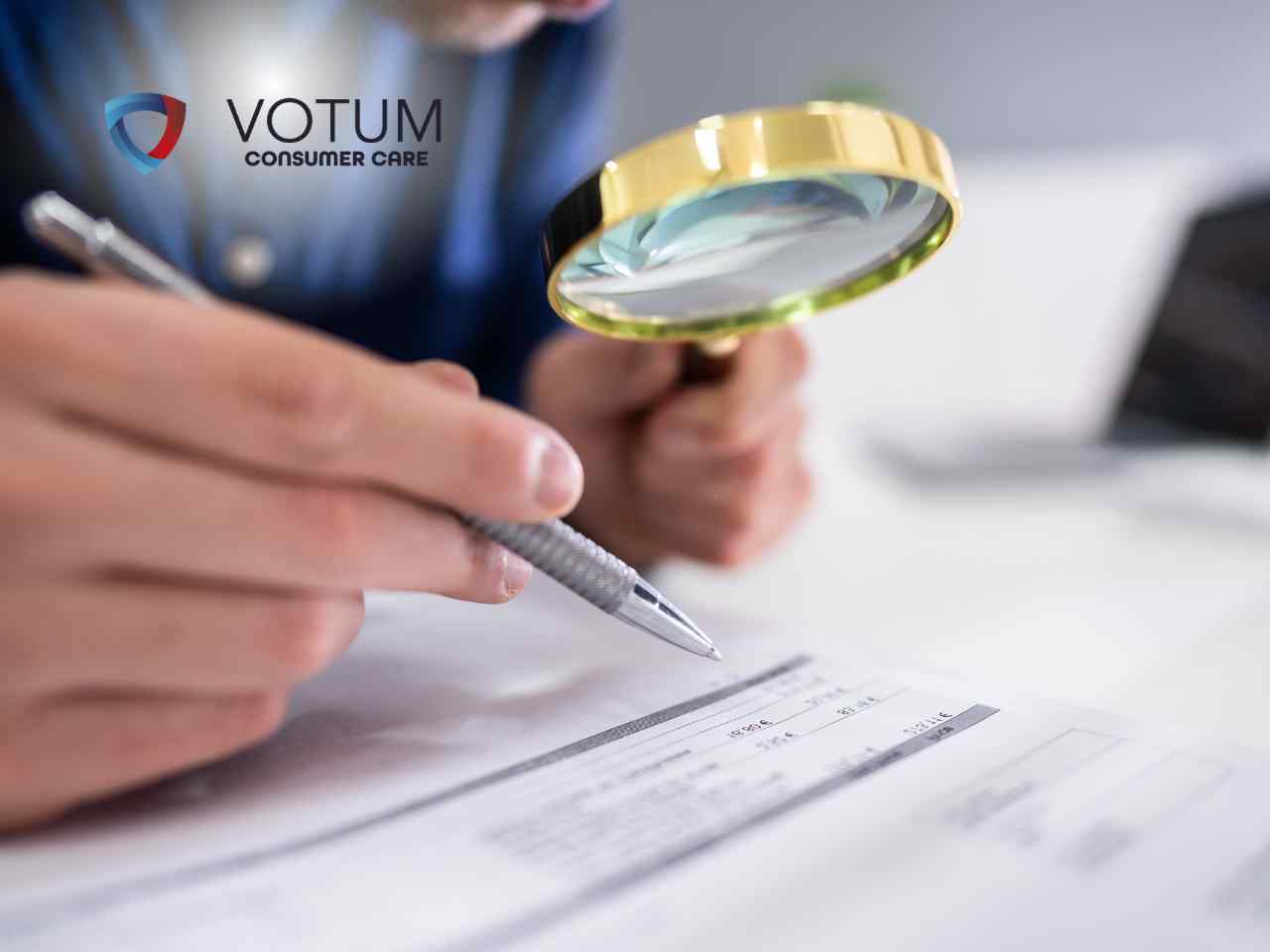 Person using a pen to review documents, magnifying glass in hand; VOTUM CONSUMER CARE logo in the top left.