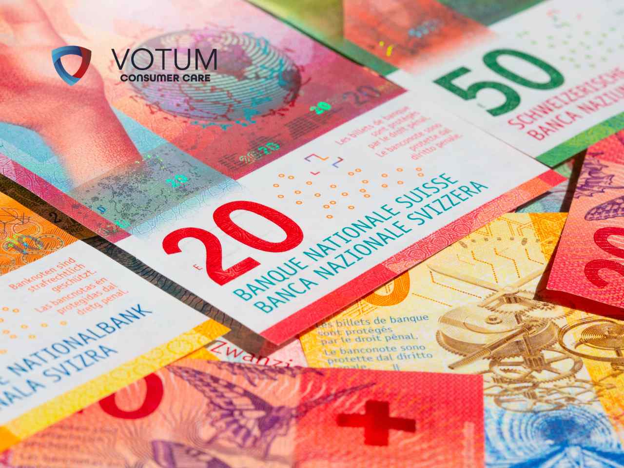 reklamacja-do-banku-kredyt-chf Colorful collage of Swiss banknotes with a prominent 20-franc note and the VOTUM Consumer Care logo in the corner, symbolizing financial services.