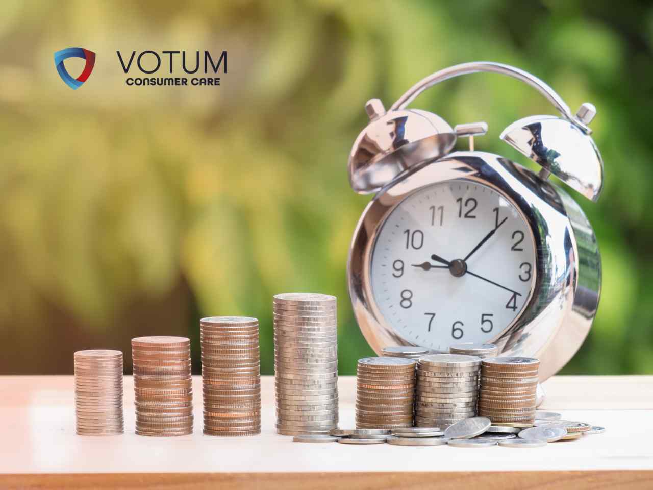umowa-kredytu-konsumenckiego-weryfikacja Stacks of coins rising beside a chrome alarm clock, with the VOTUM Consumer Care logo in the corner.