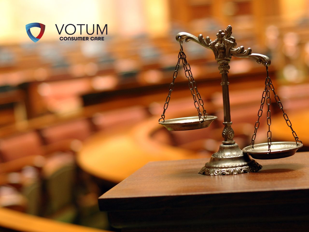 kredyty-frankowe-deutsche-bank-umowa Bronze balance scales on a wooden desk in a courtroom with a blurred background and VOTUM Consumer Care logo in the top left corner