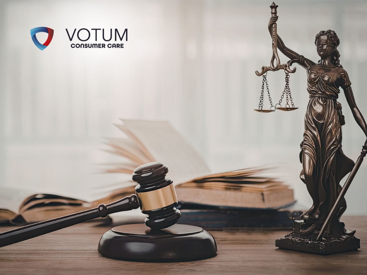 skredytowana-prowizja-odsetki-bank Legal-themed image featuring the VOTUM Consumer Care logo, a Lady Justice statue with scales, a gavel, and an open book on a wooden desk in soft focus.