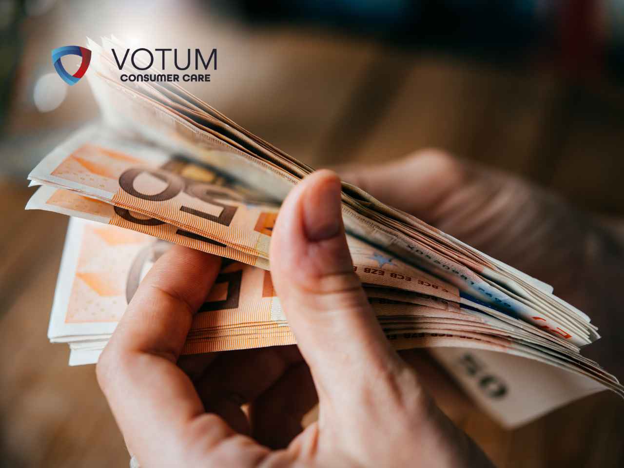 Financial concept image: calendar, money notes, and a calculator branded with VOTUM Consumer Care logo in the upper left.