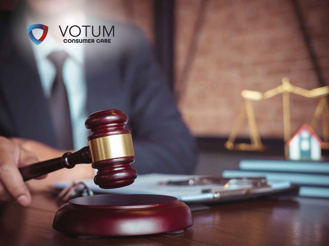 zamknięty-odział-banku-a-skd-2 Gavel on a desk with a person signing documents; VOTUM CONSUMER CARE logo visible in the background.